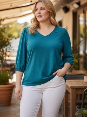 St. John's Bay Teal V-Neck 3/4 Sleeve Top 2X